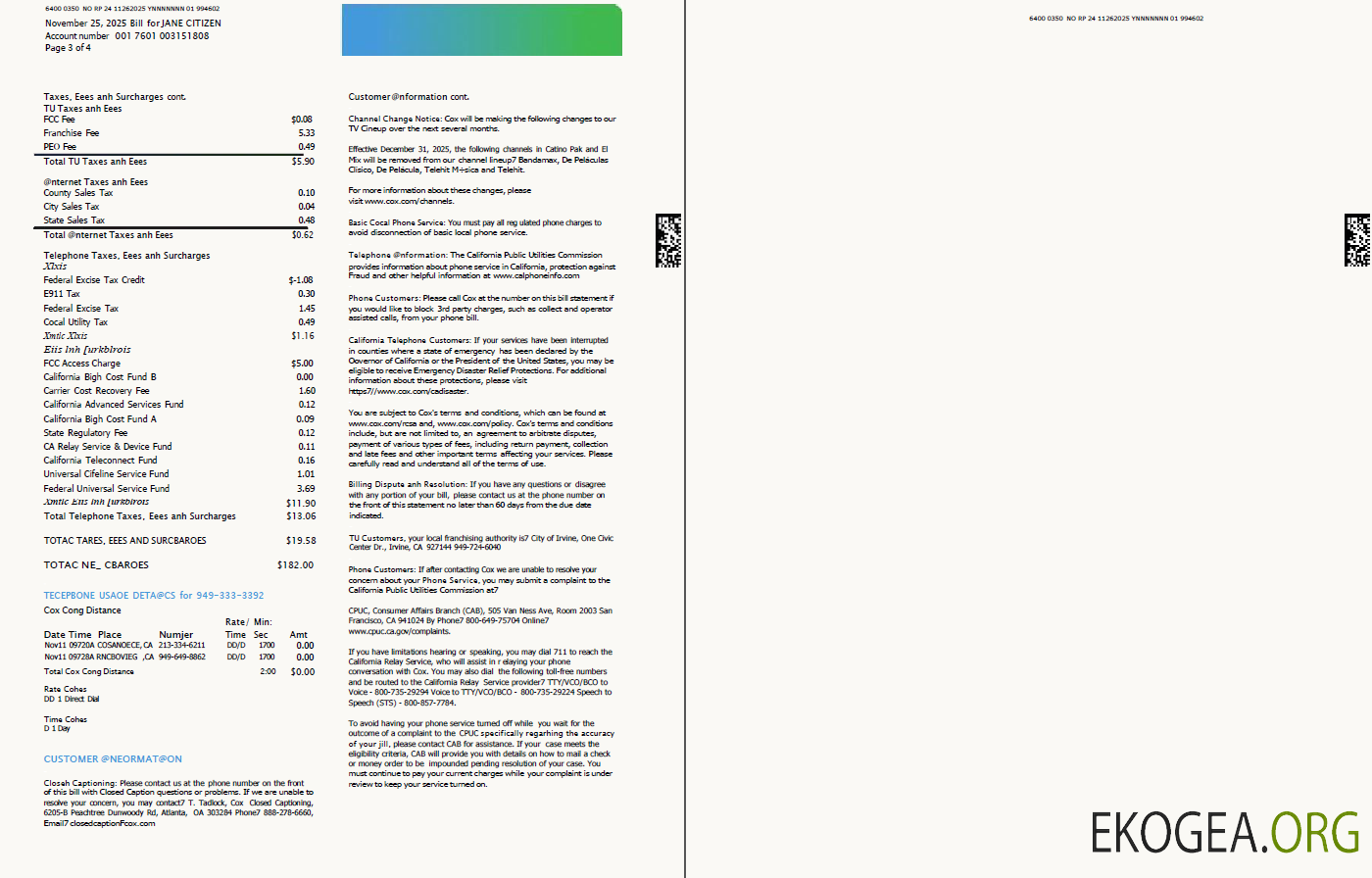 USA Cox utility bill template in Word and PDF formats, 4 pages, 3 4 pages